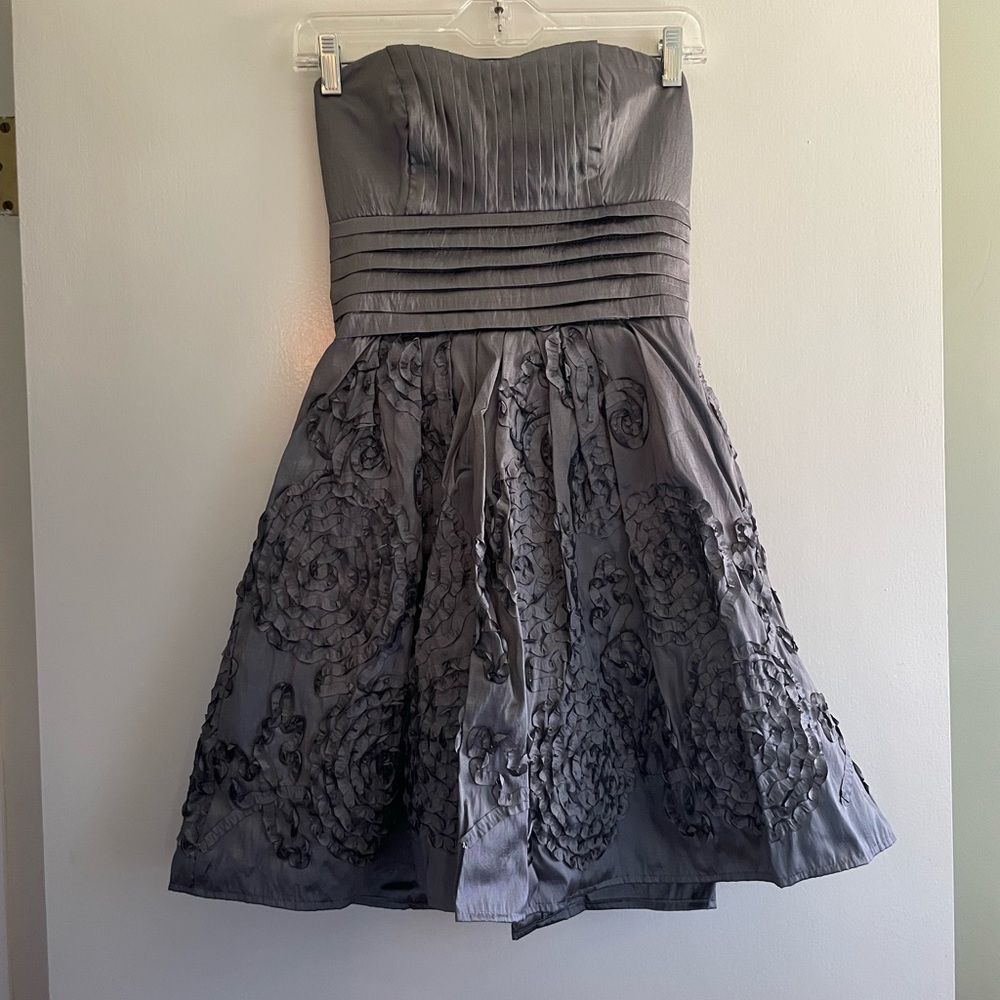 Silver strapless prom dress